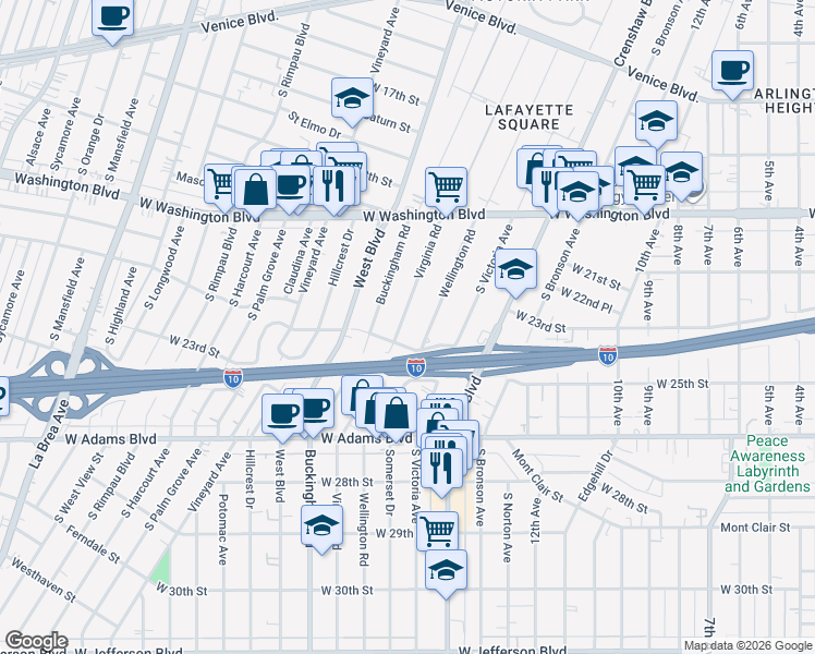 map of restaurants, bars, coffee shops, grocery stores, and more near 2120 Virginia Road in Los Angeles