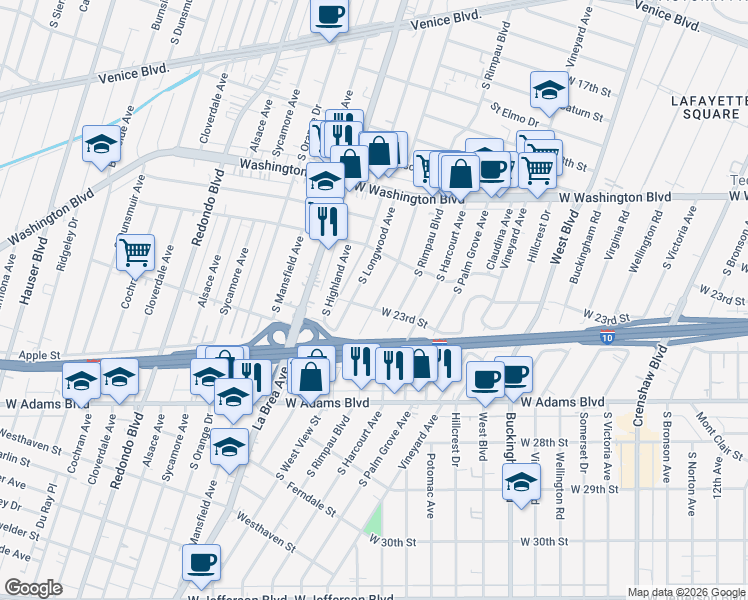 map of restaurants, bars, coffee shops, grocery stores, and more near 2216 South Longwood Avenue in Los Angeles