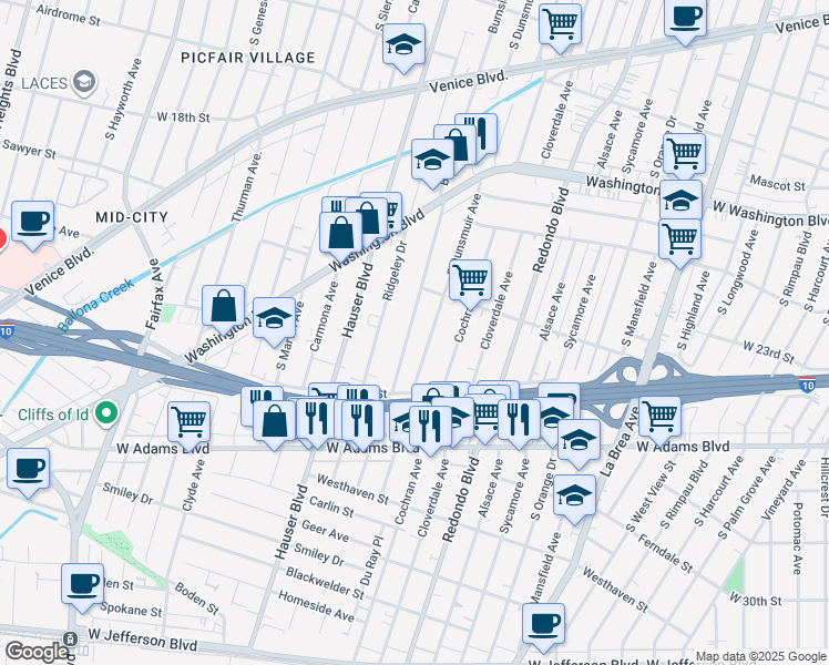 map of restaurants, bars, coffee shops, grocery stores, and more near 2241 South Burnside Avenue in Los Angeles