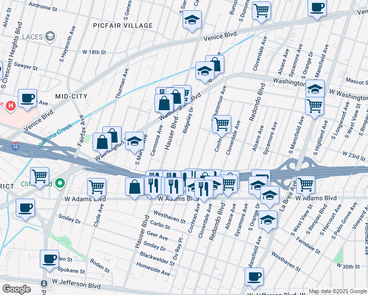 map of restaurants, bars, coffee shops, grocery stores, and more near 2233 South Ridgeley Drive in Los Angeles