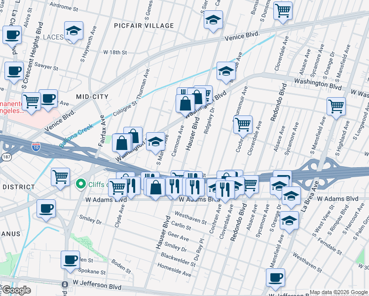 map of restaurants, bars, coffee shops, grocery stores, and more near 2226 Carmona Avenue in Los Angeles