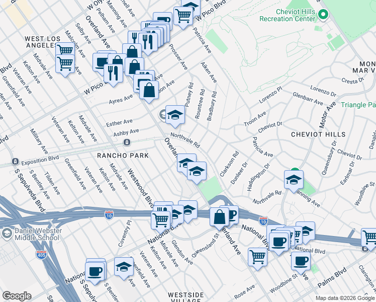 map of restaurants, bars, coffee shops, grocery stores, and more near 2760 Dunleer Place in Los Angeles