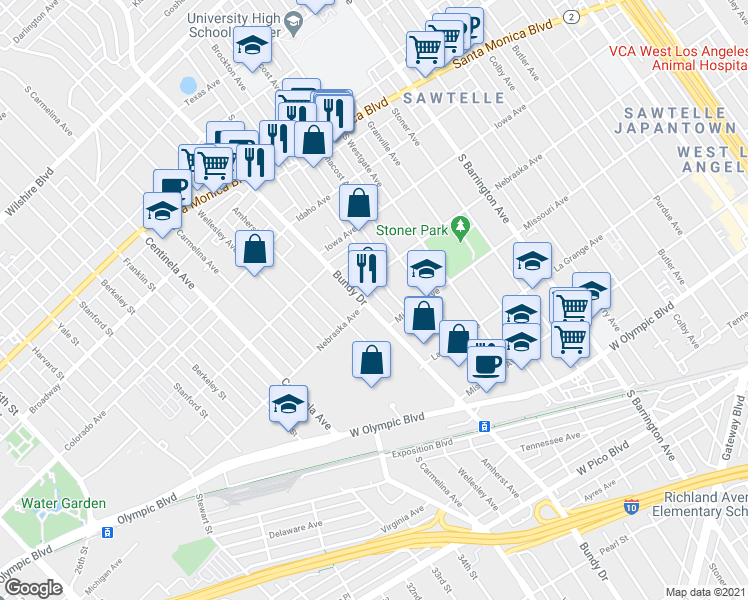 map of restaurants, bars, coffee shops, grocery stores, and more near 1808 South Bundy Drive in Los Angeles