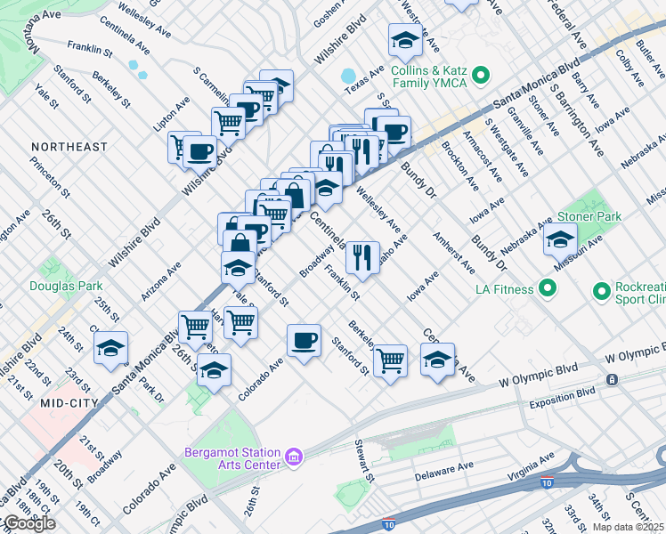 map of restaurants, bars, coffee shops, grocery stores, and more near 1503 Franklin Street in Santa Monica