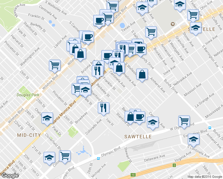 map of restaurants, bars, coffee shops, grocery stores, and more near 1503 Franklin Street in Santa Monica