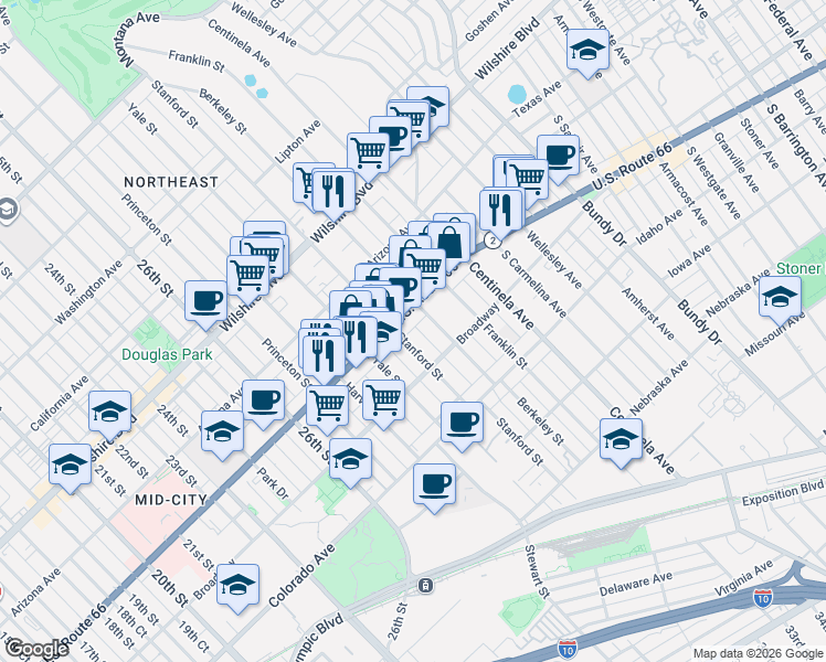 map of restaurants, bars, coffee shops, grocery stores, and more near 3020 Santa Monica Boulevard in Santa Monica