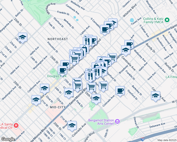 map of restaurants, bars, coffee shops, grocery stores, and more near 2832 Arizona Avenue in Santa Monica