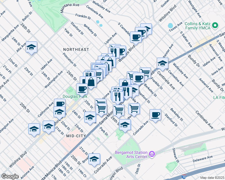 map of restaurants, bars, coffee shops, grocery stores, and more near 2803 Arizona Avenue in Santa Monica