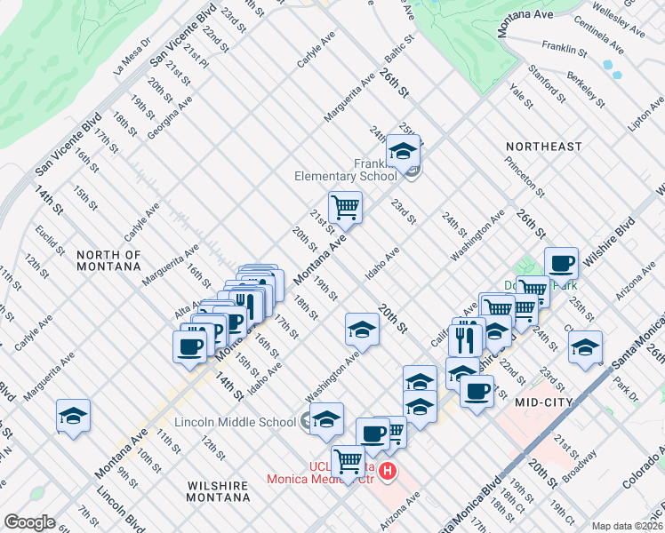 map of restaurants, bars, coffee shops, grocery stores, and more near 1932 Montana Avenue in Santa Monica