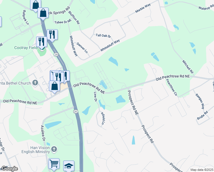 map of restaurants, bars, coffee shops, grocery stores, and more near 2698 Whistler Way Northeast in Lawrenceville