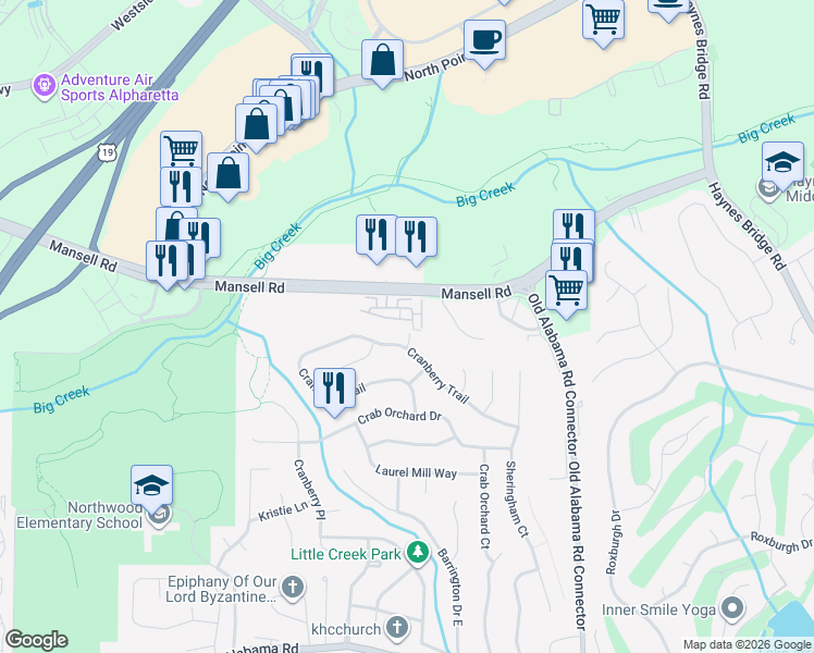 map of restaurants, bars, coffee shops, grocery stores, and more near 1105 Jardin Court in Alpharetta