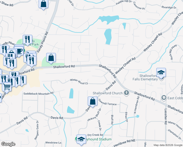 map of restaurants, bars, coffee shops, grocery stores, and more near 3449 Winter Hill Drive in Marietta