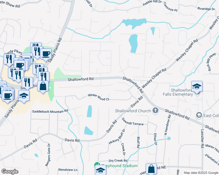 map of restaurants, bars, coffee shops, grocery stores, and more near 3360 Keenland Road in Marietta