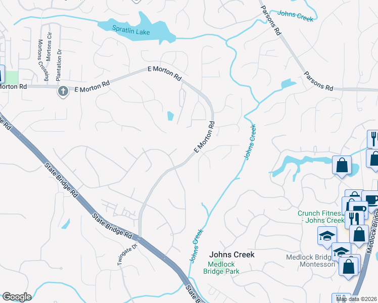 map of restaurants, bars, coffee shops, grocery stores, and more near 5519 East Morton Road in Alpharetta