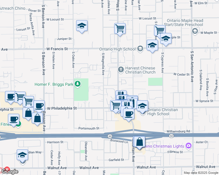 map of restaurants, bars, coffee shops, grocery stores, and more near 2045 South Magnolia Avenue in Ontario