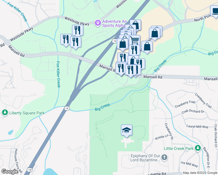 map of restaurants, bars, coffee shops, grocery stores, and more near 9000 Beaver Creek Road in Alpharetta