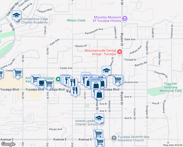 map of restaurants, bars, coffee shops, grocery stores, and more near 35023 Cedar Avenue in Yucaipa