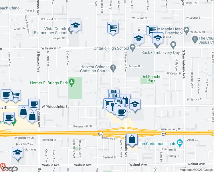 map of restaurants, bars, coffee shops, grocery stores, and more near 2046 South Mountain Avenue in Ontario
