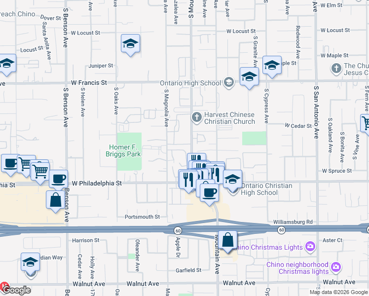 map of restaurants, bars, coffee shops, grocery stores, and more near 2046 South Mountain Avenue in Ontario