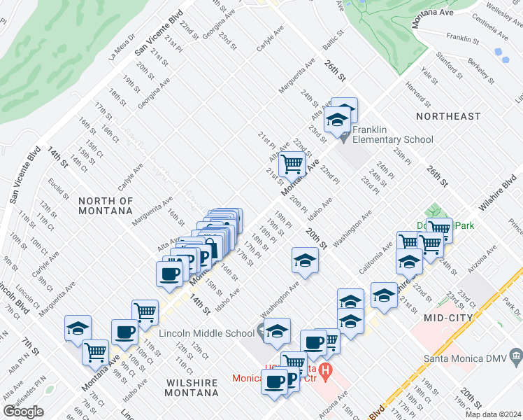 map of restaurants, bars, coffee shops, grocery stores, and more near 1901 Montana Avenue in Santa Monica