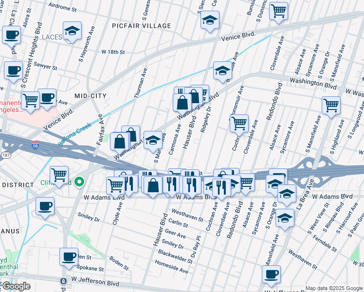 map of restaurants, bars, coffee shops, grocery stores, and more near 2303 Hauser Boulevard in Los Angeles