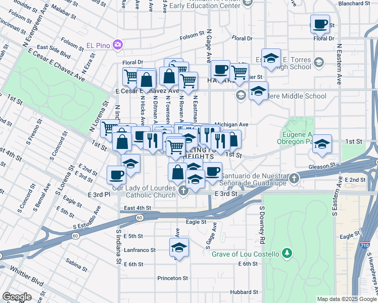 map of restaurants, bars, coffee shops, grocery stores, and more near 3717 East 1st Street in Los Angeles