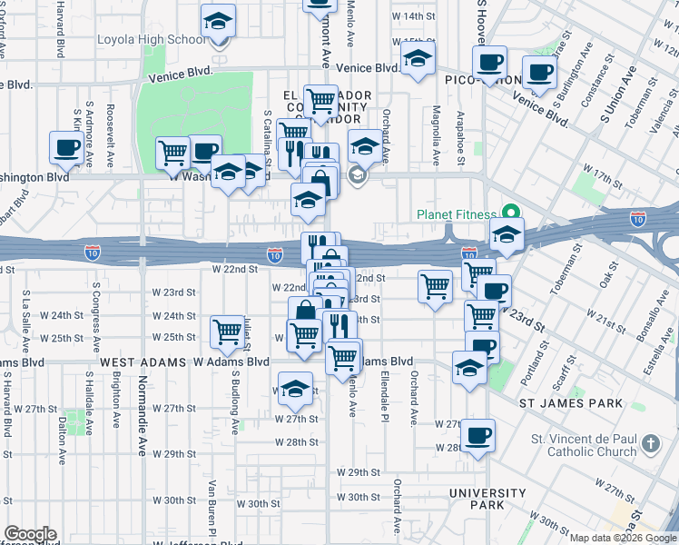map of restaurants, bars, coffee shops, grocery stores, and more near 1475 West 22nd Street in Los Angeles