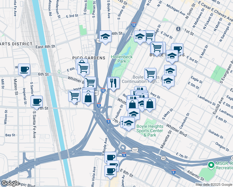 map of restaurants, bars, coffee shops, grocery stores, and more near 760 South Boyle Avenue in Los Angeles