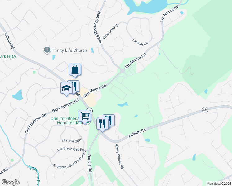 map of restaurants, bars, coffee shops, grocery stores, and more near 3108 Jim Moore Road in Dacula