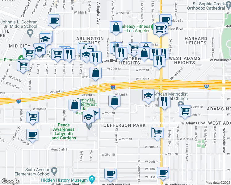 map of restaurants, bars, coffee shops, grocery stores, and more near 2315 West 23rd Street in Los Angeles