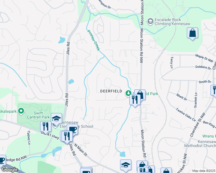 map of restaurants, bars, coffee shops, grocery stores, and more near 5530 Deerfield Place in Kennesaw