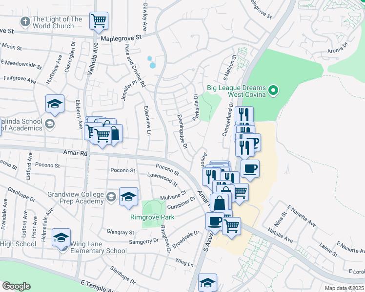 map of restaurants, bars, coffee shops, grocery stores, and more near 2107 Eveningside Drive in West Covina