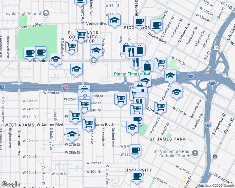map of restaurants, bars, coffee shops, grocery stores, and more near 2134 Magnolia Avenue in Los Angeles