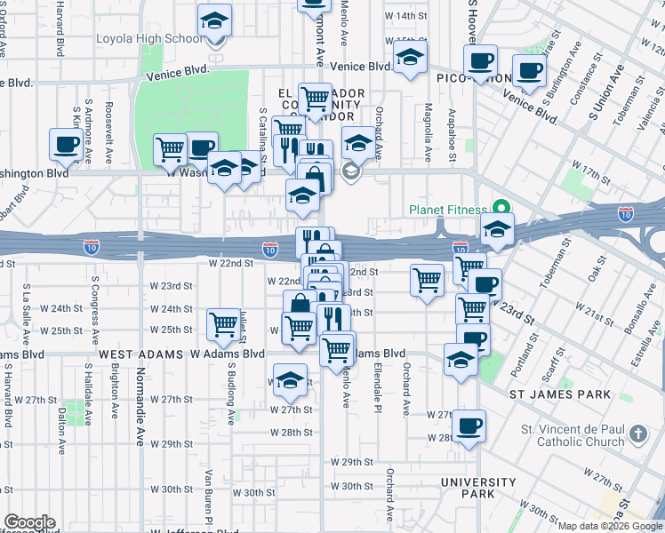 map of restaurants, bars, coffee shops, grocery stores, and more near 1475 West 22nd Street in Los Angeles