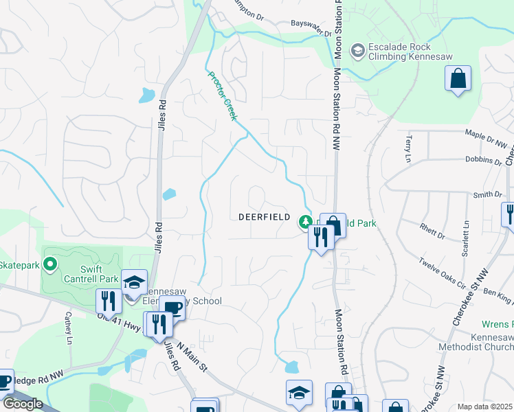 map of restaurants, bars, coffee shops, grocery stores, and more near 5520 Deerfield Place in Kennesaw