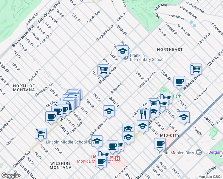 map of restaurants, bars, coffee shops, grocery stores, and more near 852 21st Street in Santa Monica