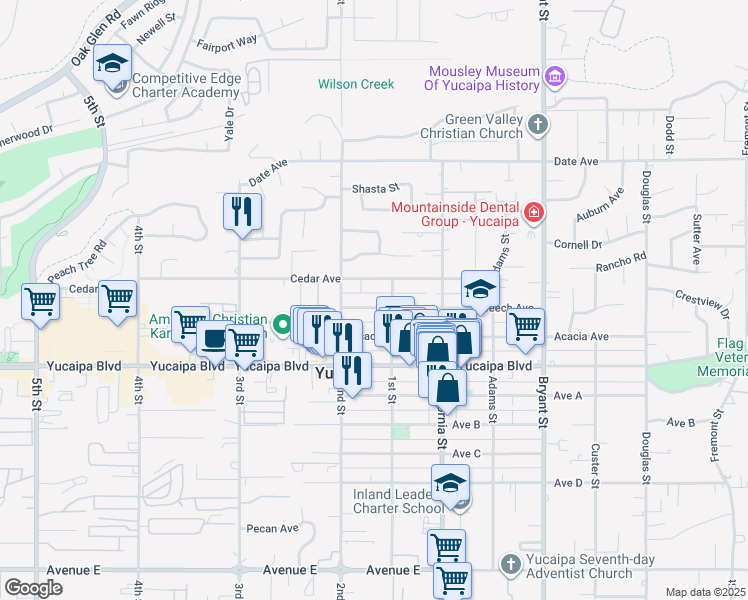map of restaurants, bars, coffee shops, grocery stores, and more near 34966 Beech Avenue in Yucaipa