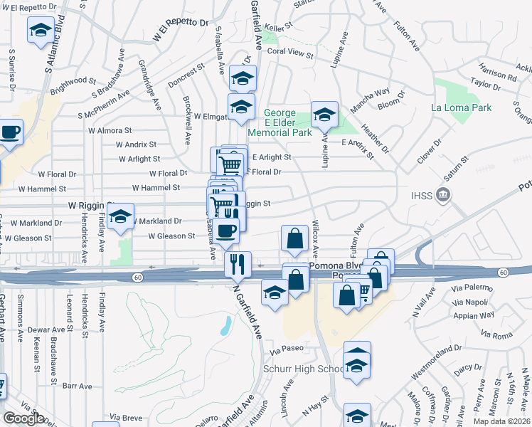 map of restaurants, bars, coffee shops, grocery stores, and more near 228 East Riggin Street in Monterey Park