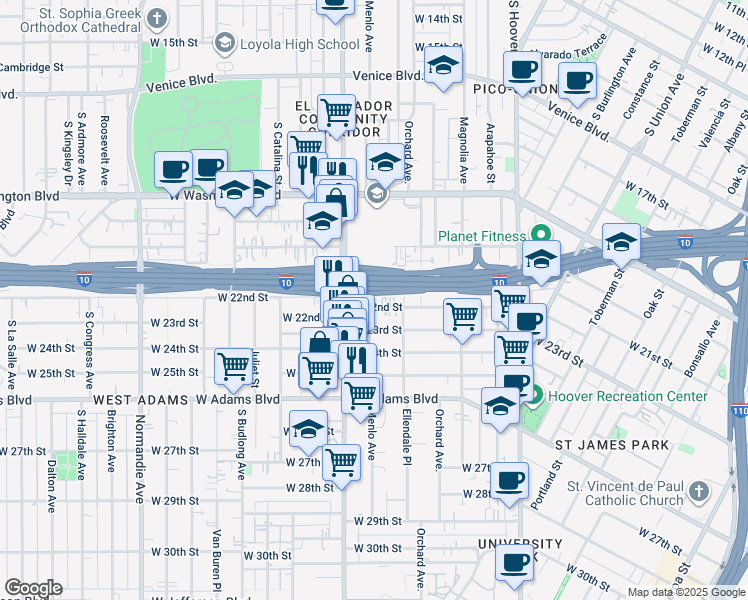 map of restaurants, bars, coffee shops, grocery stores, and more near 1445 West 22nd Street in Los Angeles