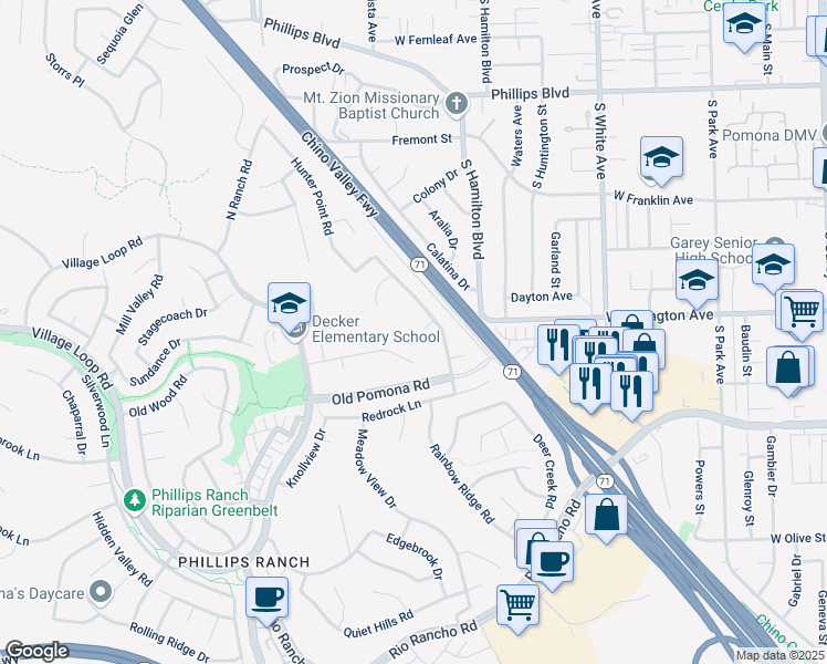 map of restaurants, bars, coffee shops, grocery stores, and more near 23 Rising Hill Road in Pomona