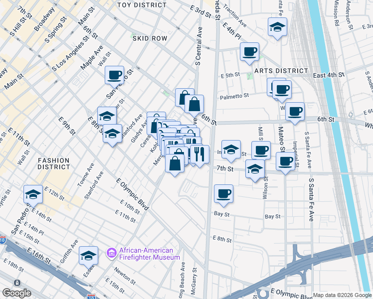 map of restaurants, bars, coffee shops, grocery stores, and more near 1312 East 7th Street in Los Angeles