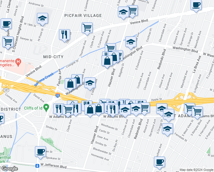 map of restaurants, bars, coffee shops, grocery stores, and more near 2303 Hauser Boulevard in Los Angeles