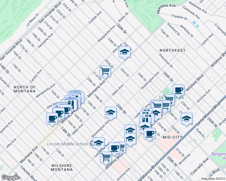 map of restaurants, bars, coffee shops, grocery stores, and more near 852 21st Street in Santa Monica