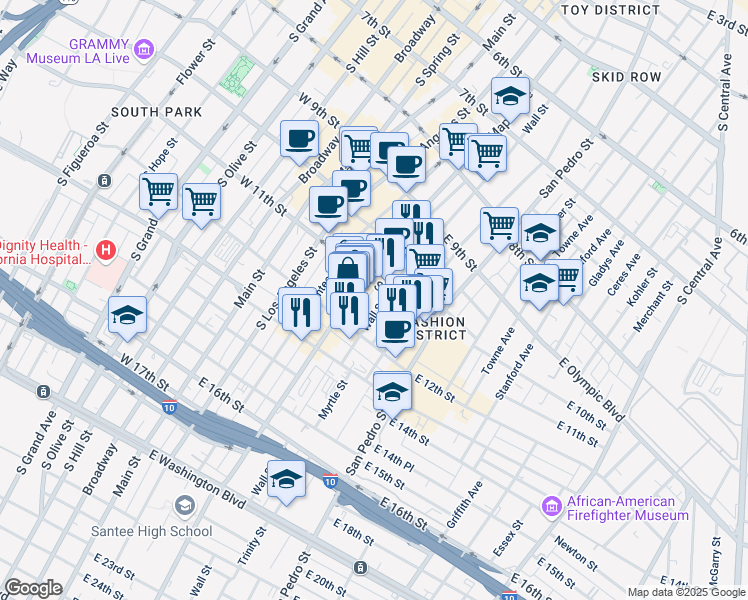 map of restaurants, bars, coffee shops, grocery stores, and more near 1124 Maple Avenue in Los Angeles