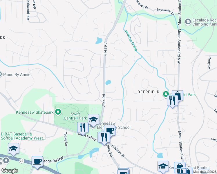 map of restaurants, bars, coffee shops, grocery stores, and more near 3384 Jiles Road in Kennesaw