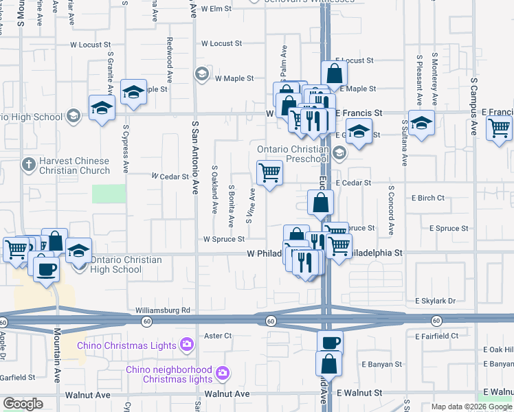 map of restaurants, bars, coffee shops, grocery stores, and more near 2032 South Vine Avenue in Ontario