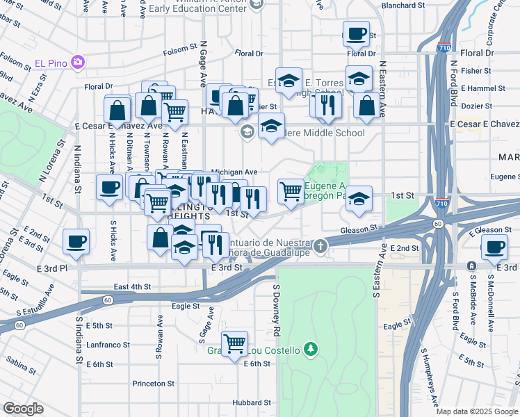 map of restaurants, bars, coffee shops, grocery stores, and more near 3929 1st Street in Los Angeles
