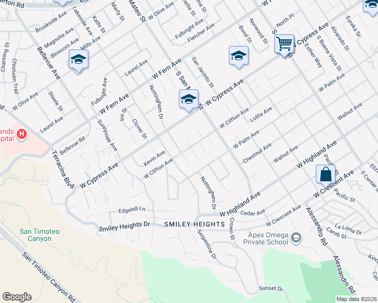 map of restaurants, bars, coffee shops, grocery stores, and more near 702 Greenwood Court in Redlands
