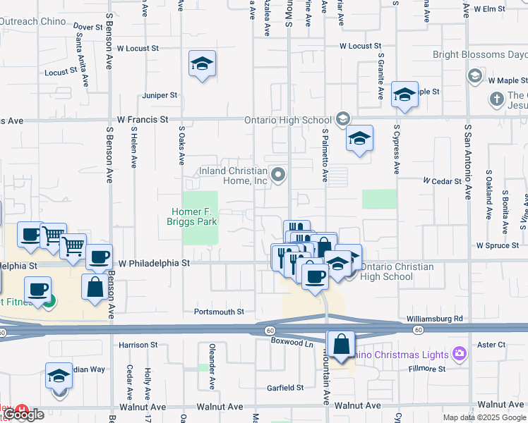 map of restaurants, bars, coffee shops, grocery stores, and more near 2035 South Magnolia Avenue in Ontario