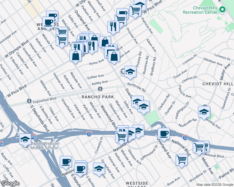 map of restaurants, bars, coffee shops, grocery stores, and more near 2715 Selby Avenue in Los Angeles